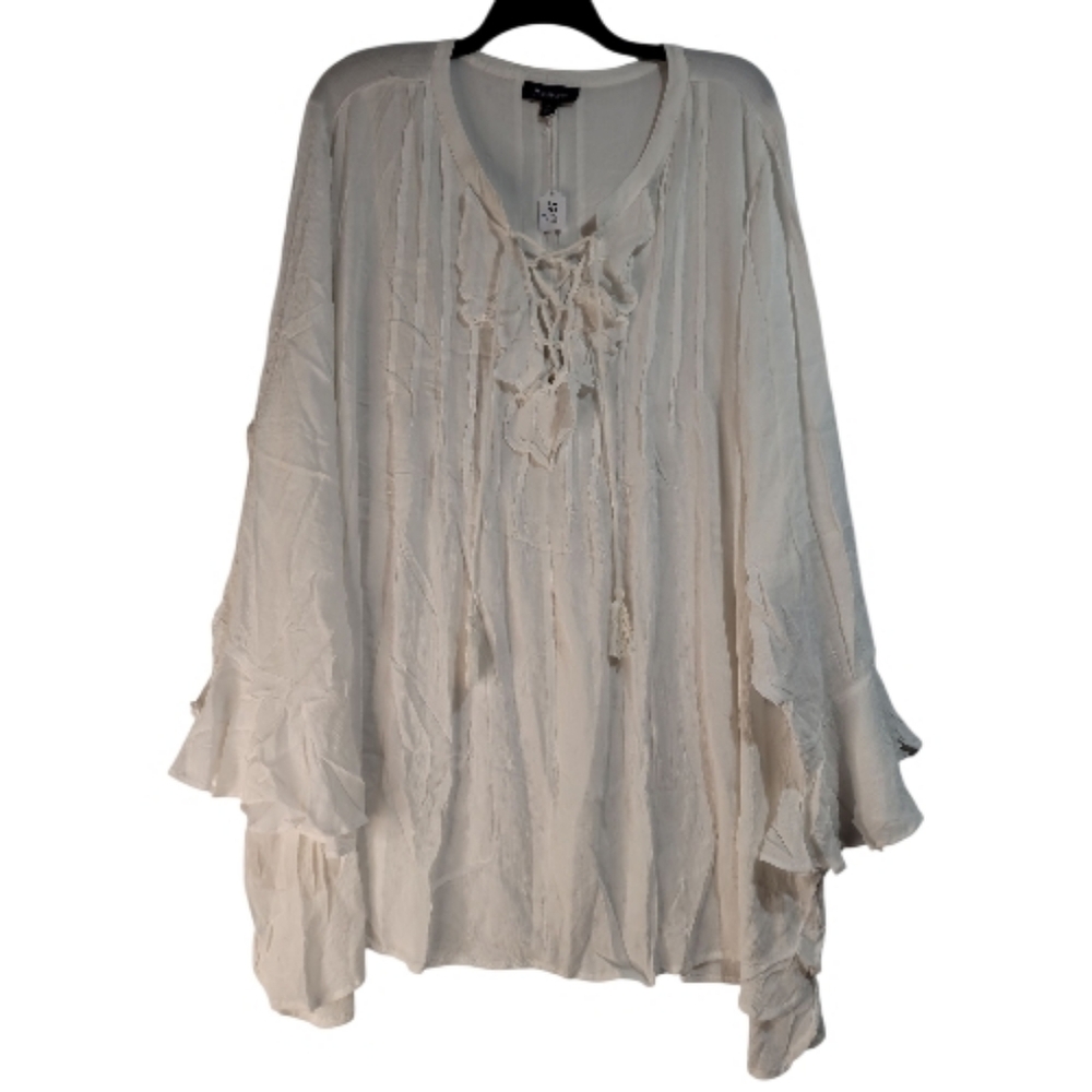 Dress midi white crinkle rayon pintucks V-neckline ruffle bell fairy billowy 28W